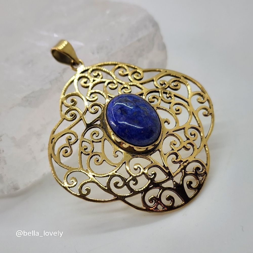 Sapphire Gold Toned Ethnic Handmade Filigree Pendant Jewelry 2.27"